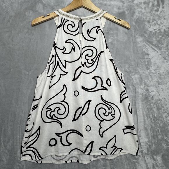 Rich & Famous Tank Top Womens Medium White Brown Paisley Halter Beaded Trim - Picture 2 of 7